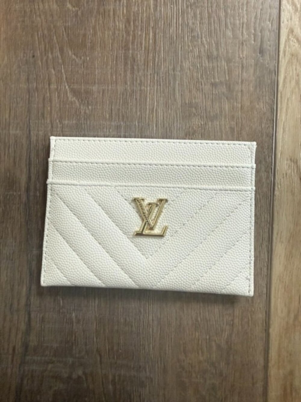 Monogrammed Cream Chevron Quilted Card Holder with Gold LV